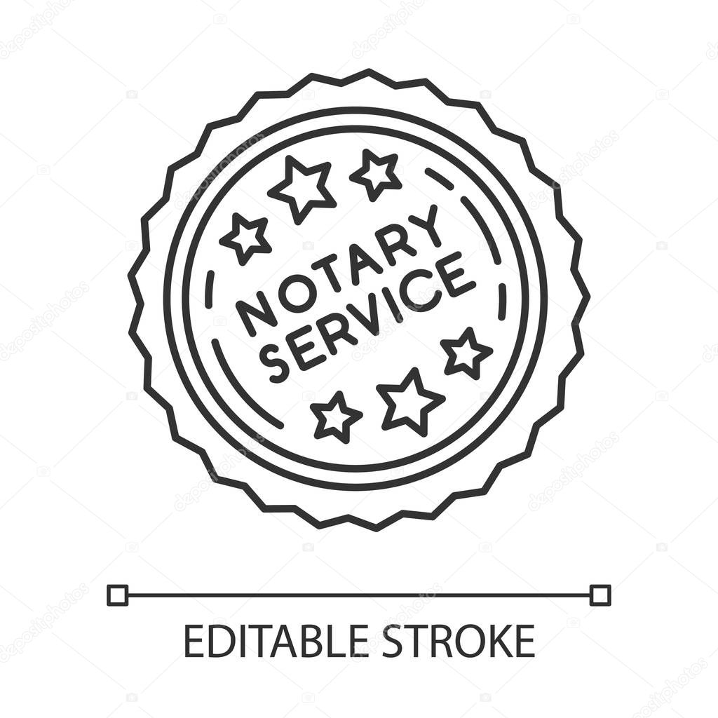 Notary services stamp mark pixel perfect linear icon. Notarization. Authentification. Validation. Thin line customizable illustration. Contour symbol. Vector isolated outline drawing. Editable stroke