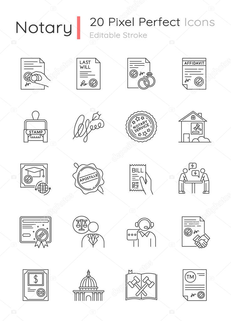 Notary services pixel perfect linear icons set. Apostille and le