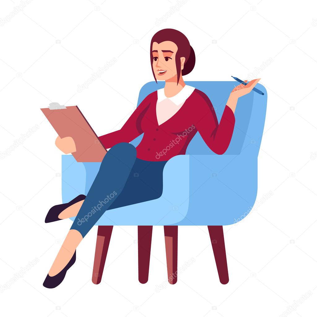 Businesswoman in armchair semi flat RGB color vector illustratio