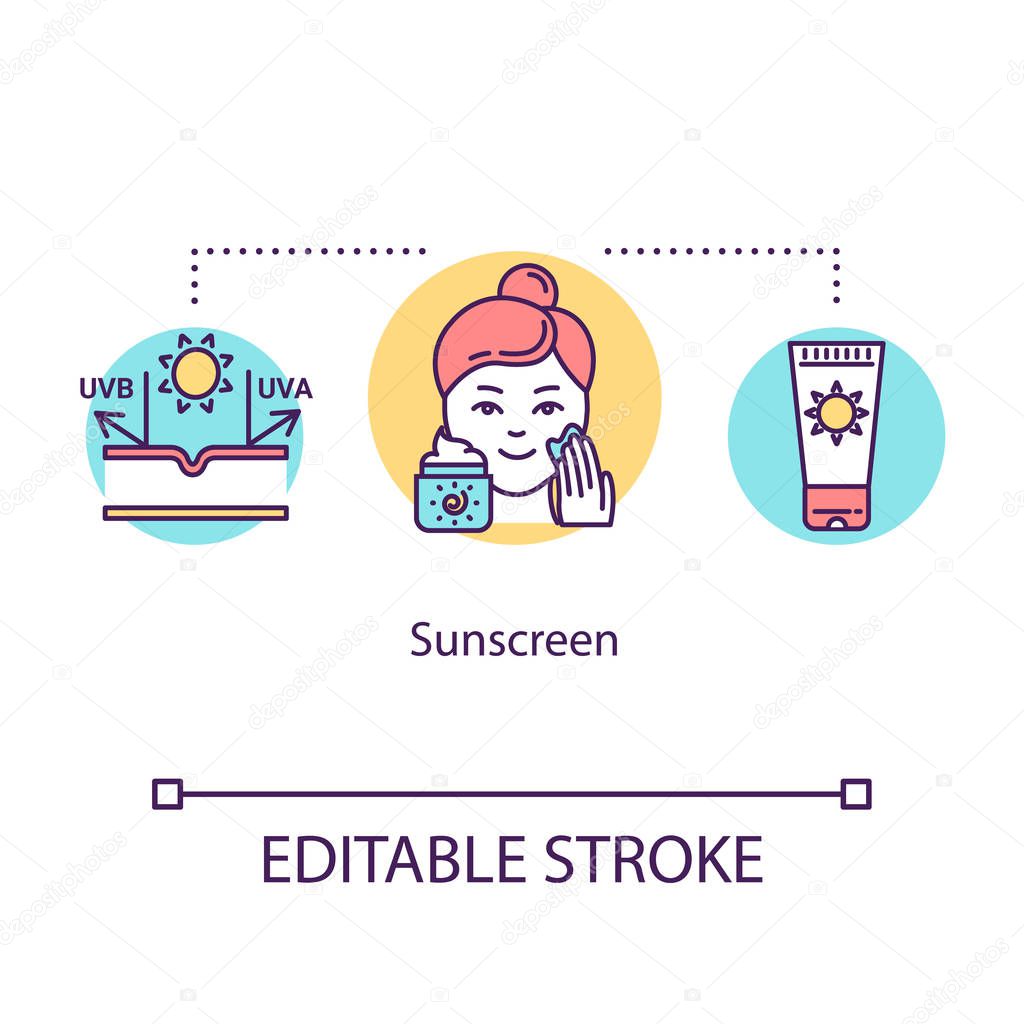 Sunscreen concept icon. Skincare to avoid sunburn. Sunblock for 