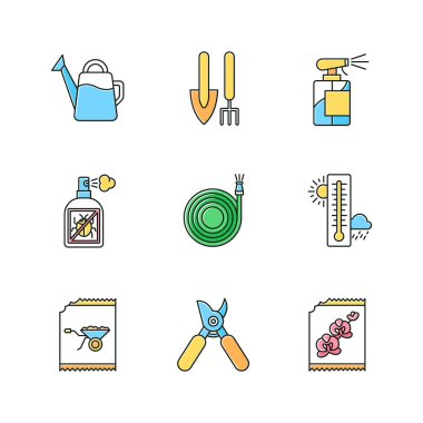 Kapalı alanda bahçe aletleri ve malzemeler Rgb renk simgeleri ayarlandı. Bahçe