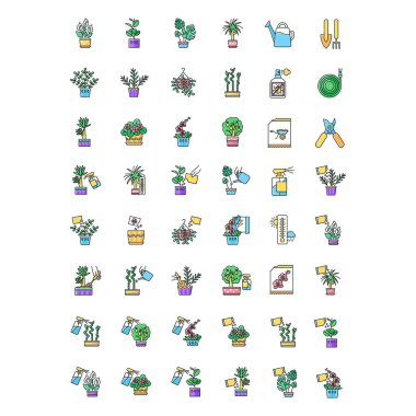 Houseplant caring RGB color icons set. Indoor gardening tools an