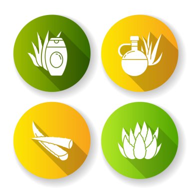 Aloe vera düz tasarım uzun gölge sembolleri ayarlandı. Botanik Bölümü