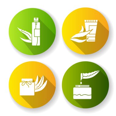 Aloe vera düz tasarım uzun gölge sembolleri ayarlandı. Bitki tabanlı c