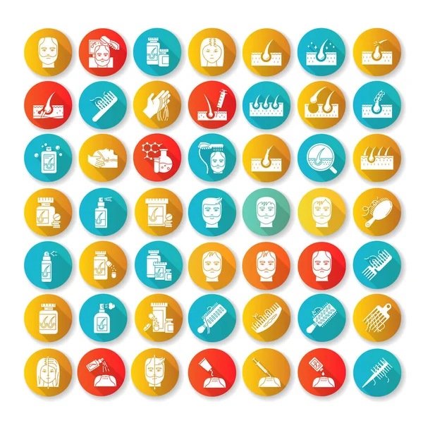 Hair loss flat design long shadow glyph icons set. Baldness and — Stok Vektör