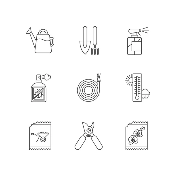 Indoor gardening tools and materials pixel perfect linear icons — 스톡 벡터