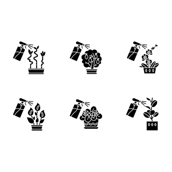 Pulverização de plantas domesticadas ícones de glifo preto definido no spac branco —  Vetores de Stock