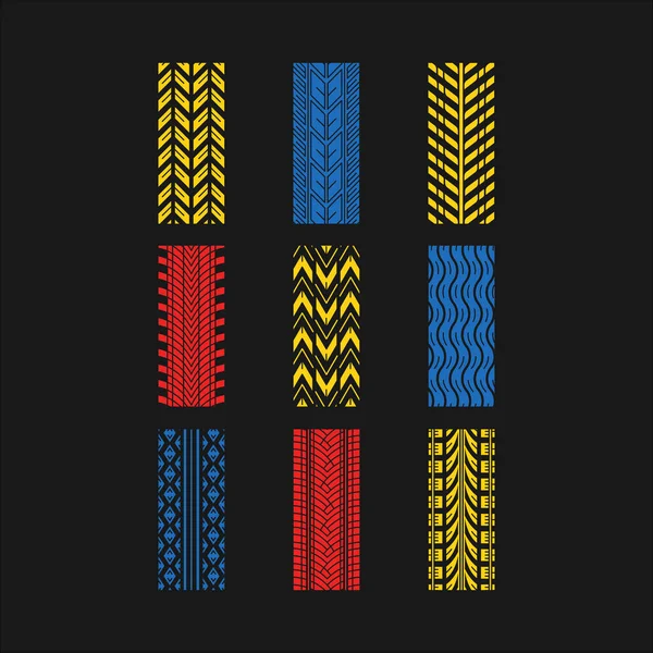 Rastros de neumáticos Conjunto de iconos de color RGB. Automóvil detallado, motocicleta — Vector de stock