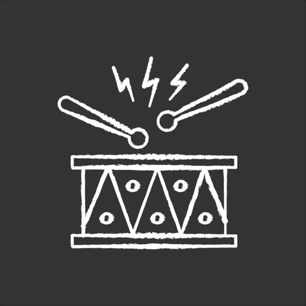 Tambor con palillos de tambor y tiza icono blanco sobre fondo negro. M — Vector de stock