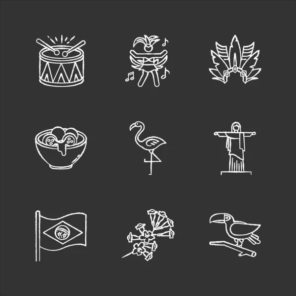 Brazilian culture chalk white icons set on black background. Tra — Stock Vector