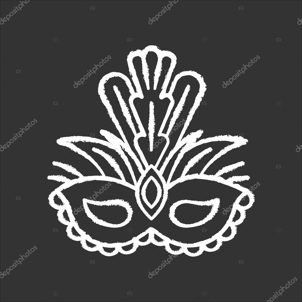 Masquerade mask chalk white icon on black background. Traditional headwear with plumage. Ethnic festival. National holiday parade. Isolated vector chalkboard illustration