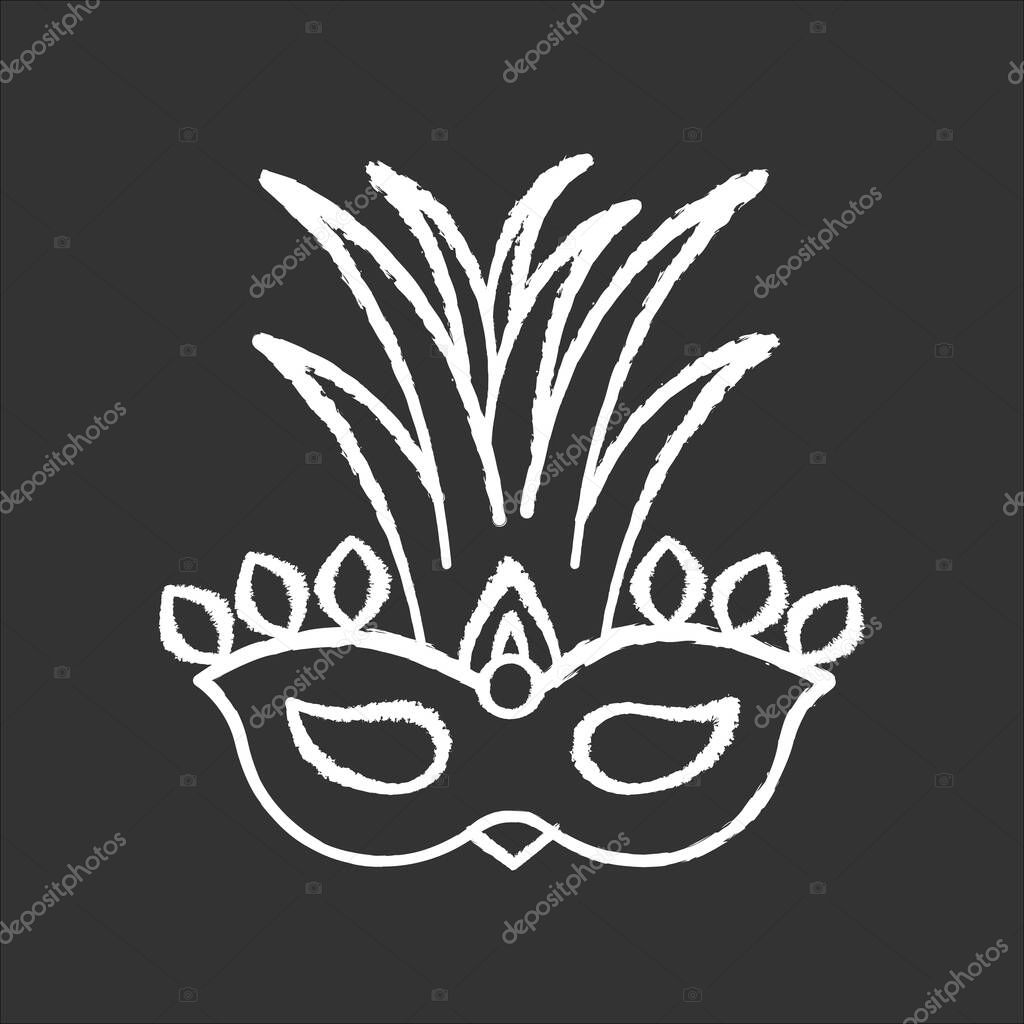Masquerade mask chalk white icon on black background. Traditional headwear with palm leaves. Ethnic festival. National holiday parade. Isolated vector chalkboard illustration