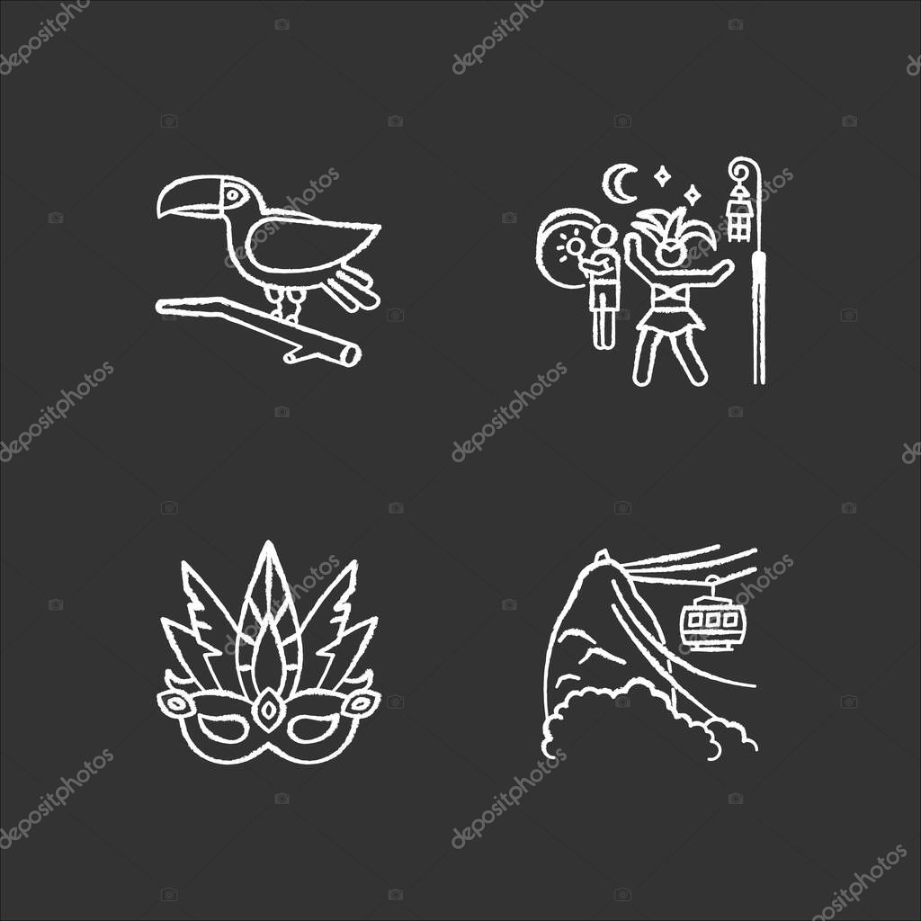 Brazilian carnival chalk white icons set on black background. Traditional masquerade. Street party. Masquerade mask. Toucan. Ropeway. National festival. Isolated vector chalkboard illustrations