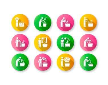 Houseplant care flat design long shadow glyph icons set. Indoor 