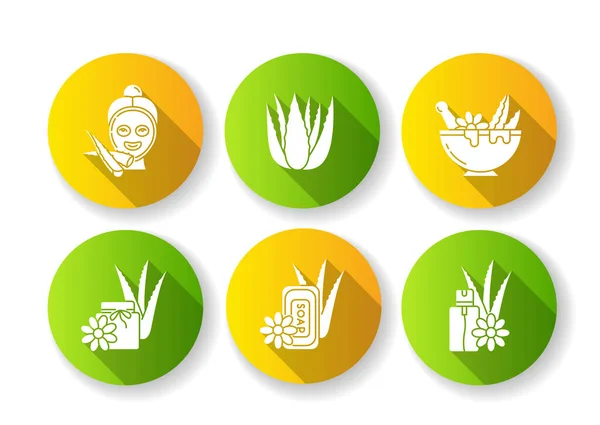 Ensemble d'icônes glyphe d'ombre longue design plat Aloe vera. Hydratation faciale — Image vectorielle