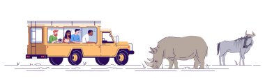 Safari journey flat doodle illustration. People observing and ph clipart