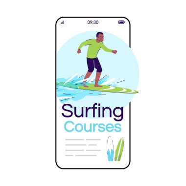 Surfing courses cartoon smartphone vector app screen. Man on sur