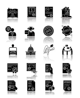 Notary services drop shadow black glyph icons set. Apostille and