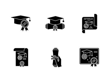 Diploma black glyph icons set on white space. School certificate