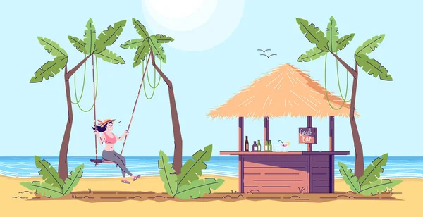 Femme sur balançoire illustration doodle plat. Touristique à côté de la plage b — Image vectorielle