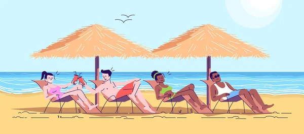 People on beach flat doodle illustration. Friends on loungers ha — ストックベクタ