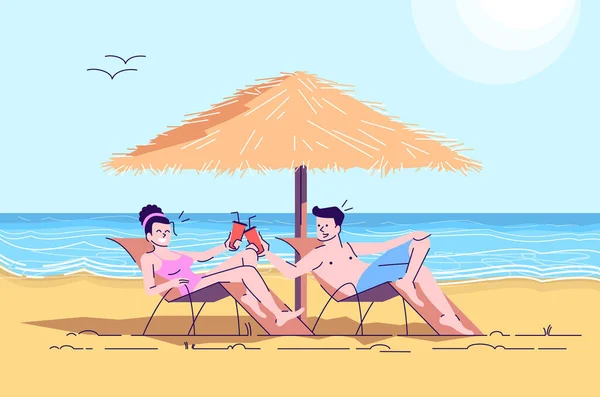 Couple on beach flat doodle illustration. Man and woman on loung — ストックベクタ