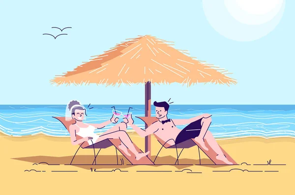 Married couple on beach flat doodle illustration. Bride and groo — ストックベクタ