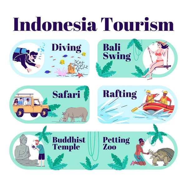 Indonésie modèle d'infographie vectorielle du tourisme. Safari, plongée, r — Image vectorielle