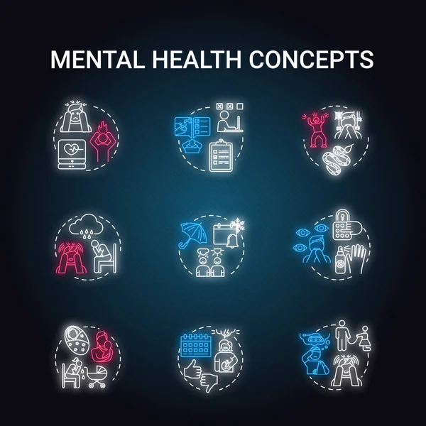 Mental health neon light concept icons set. Panic attacks, depre — Stock Vector