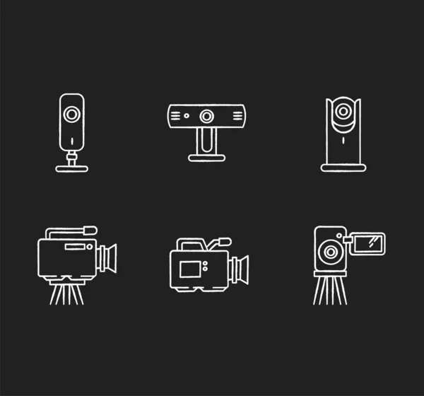 Webcams tiza iconos blancos establecidos sobre fondo negro. Vídeo digital — Vector de stock