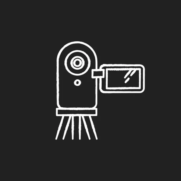 Video camera krijt wit pictogram op zwarte achtergrond. Digitale rector — Stockvector