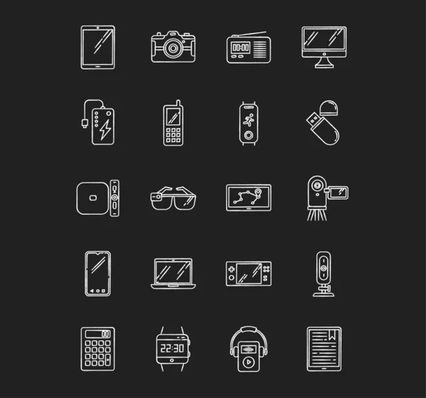 Mobil eszközök kréta fehér ikonok beállított fekete háttér. Kézifül — Stock Vector