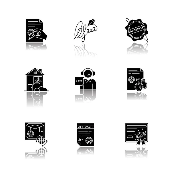 Notary services drop shadow black glyph icons set. Apostille and — Stok Vektör