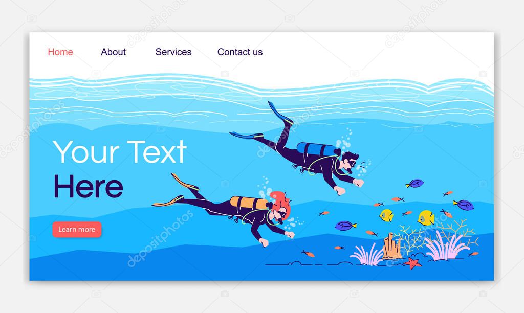 Scuba diving landing page vector template. Couple swimming under