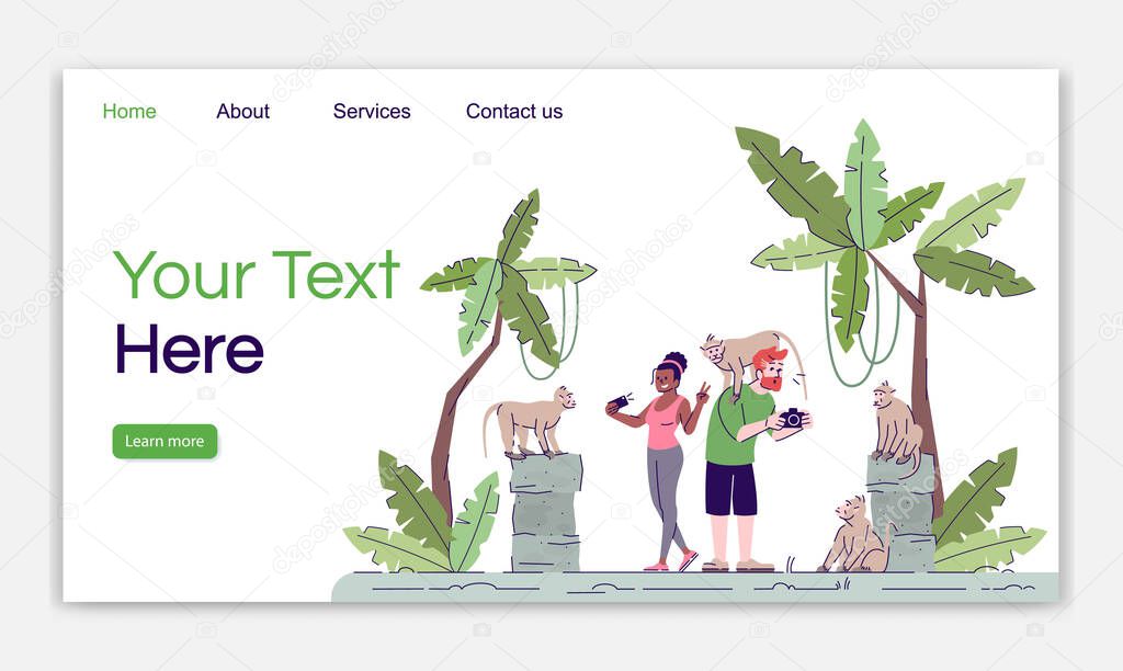 Sacred monkey forest in Bali landing page vector template. Indon
