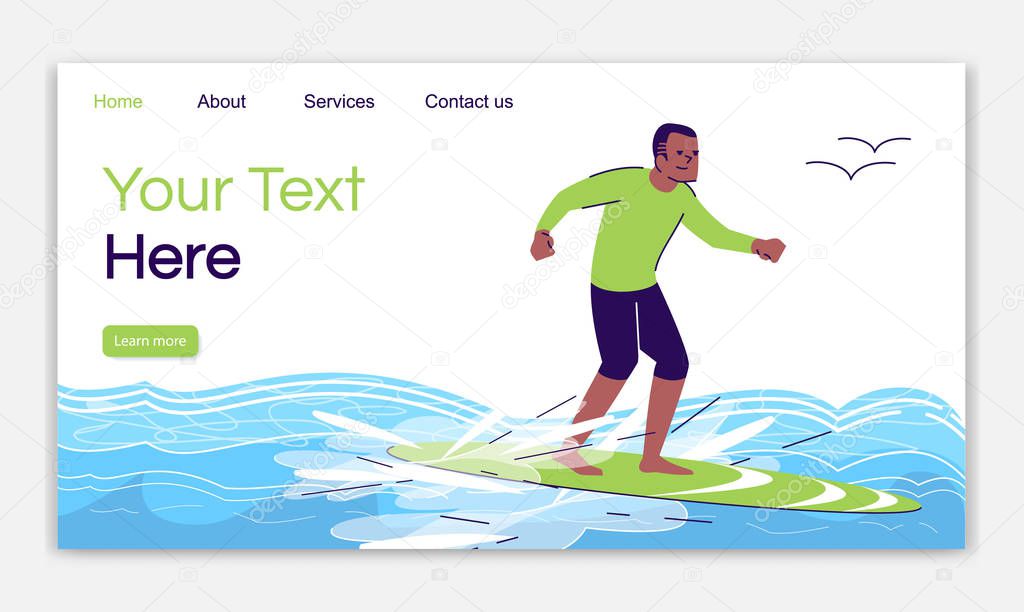 Surfing man landing page vector template. Extreme water activity