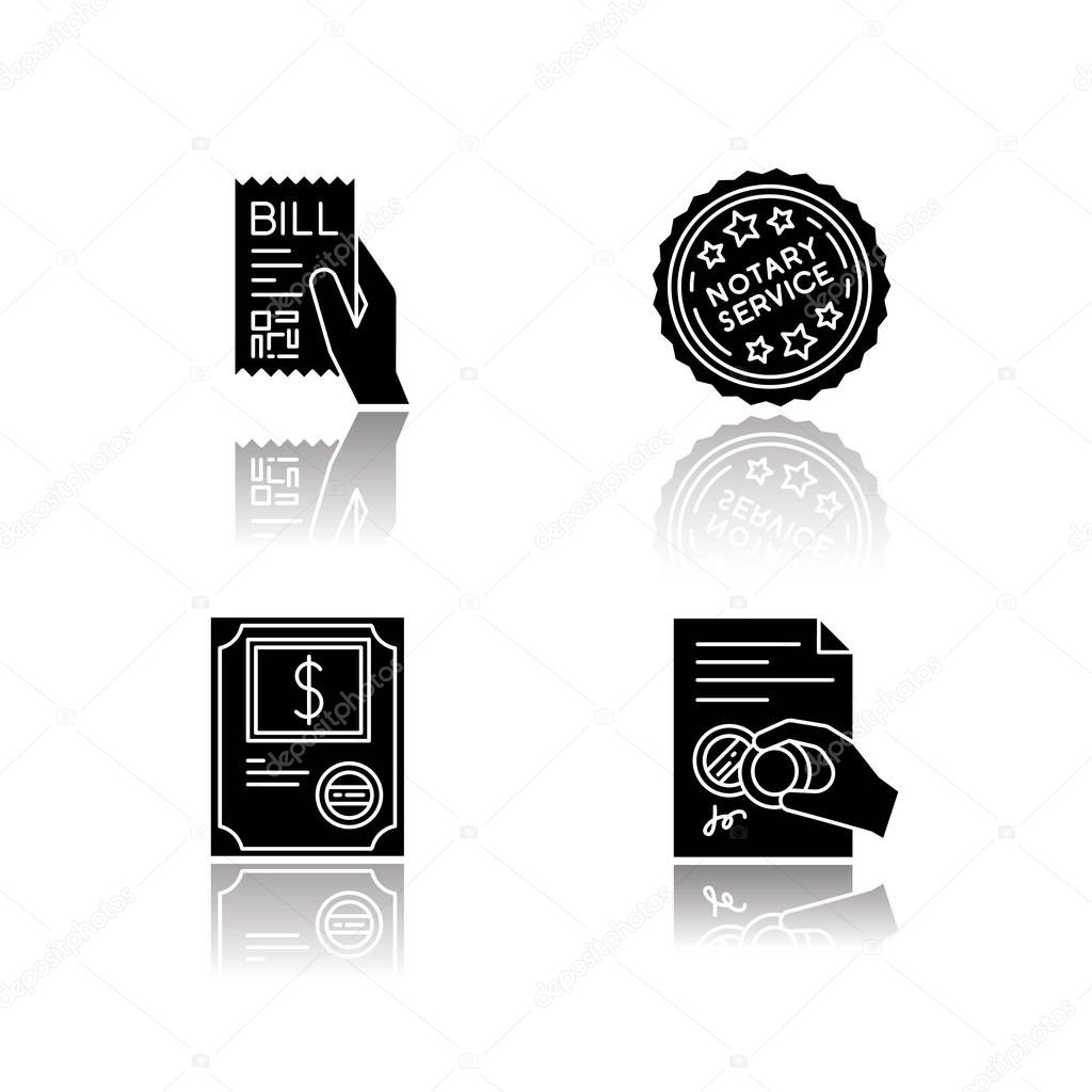 Notary services drop shadow black glyph icons set. Apostille and