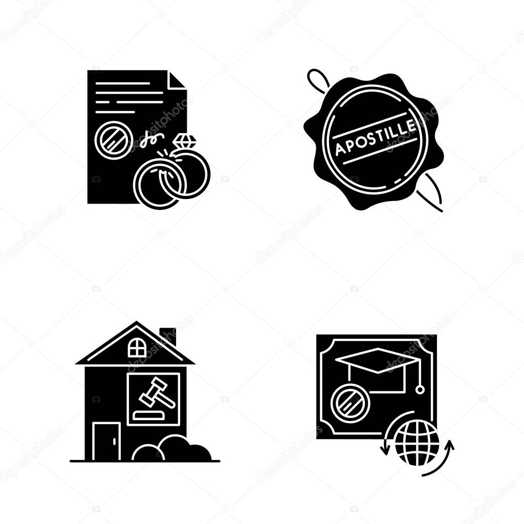 Notary services black glyph icons set on white space. Apostille 