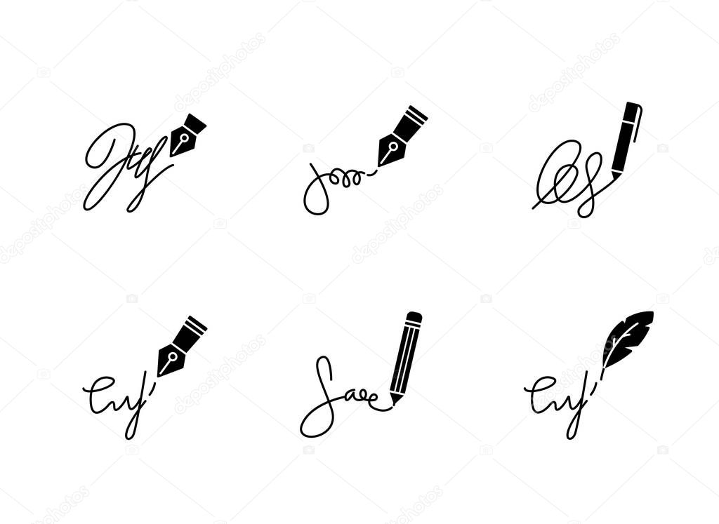 Signatures Apostille and legalization. Handwriting. Autograph. Proof of identity, consent. Notary services. black glyph icons set on white space. Silhouette symbols. Vector isolated illustration