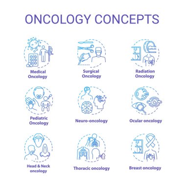 Oncology concept icons set. Cancer disease types and treatment. 