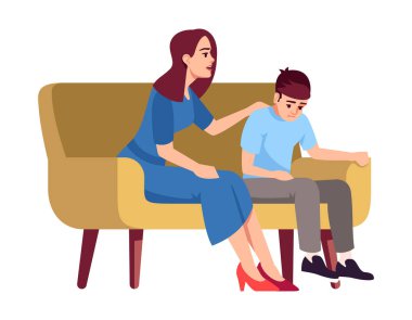Mother and son on sofa semi flat RGB color vector illustration. 
