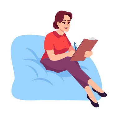 Woman on bag chair semi flat RGB color vector illustration. Girl