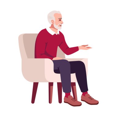 Elderly man in armchair semi flat RGB color vector illustration.