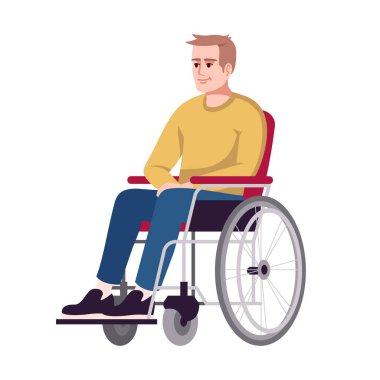Man in wheelchair semi flat RGB color vector illustration. Disab