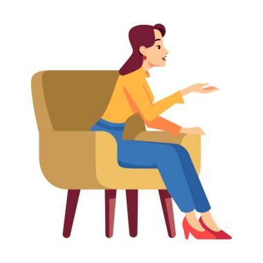 Woman in armchair semi flat RGB color vector illustration. Girl 