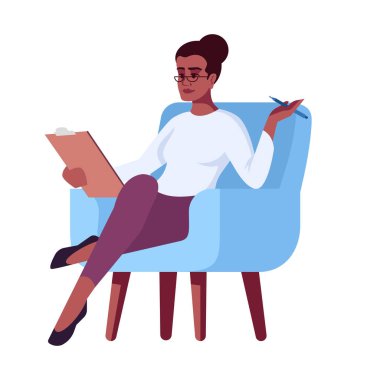 Woman in glasses with clipboard semi flat RGB color vector illus