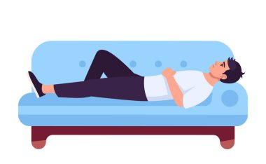 Man lying on sofa semi flat RGB color vector illustration. Upset