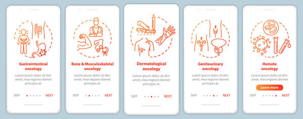 Oncology onboarding mobile app page screen with concepts. Dermat