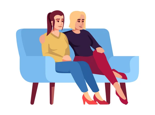 Two women on sofa semi flat RGB color vector illustration. Femal — 스톡 벡터