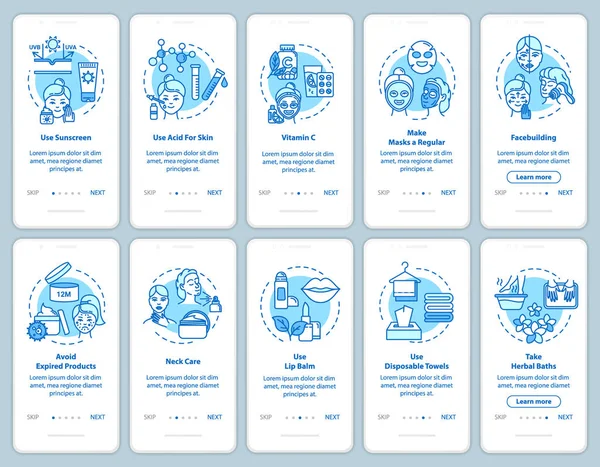 Skicare onboarding écran de page d'application mobile avec des concepts. Cosmeti — Image vectorielle